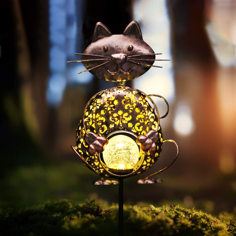 KAIXOXIN Garden Solar Lights Metal Cat Crackle Glass Globe Stake Light Waterproof Warm White LED Solar Path Lights (Cat-Bronze) - Image 1